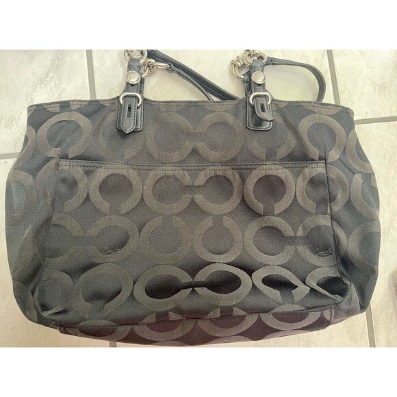 COACH SIGNATURE MIA OP ART TOTE SHOULDER BAG J1182-F15758 Black Purple Lining - Picture 7 of 16